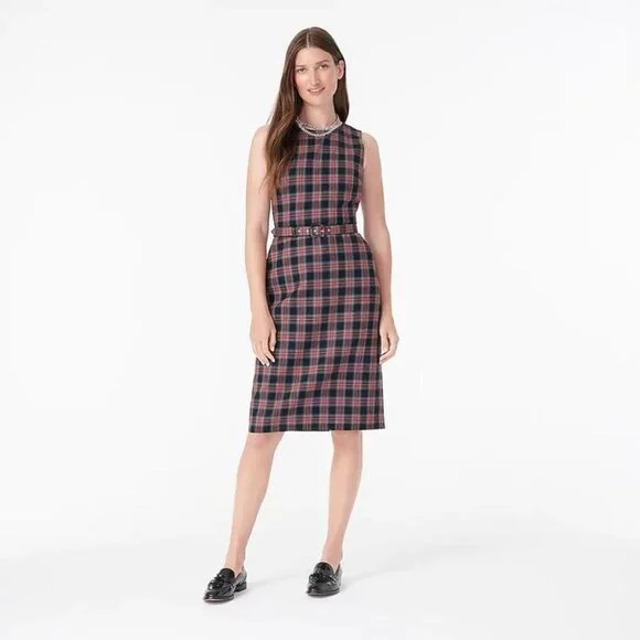 NWT J.Crew Belted Sheath Dress in Red Green Multi Black Steward Tartan Dress 16T
